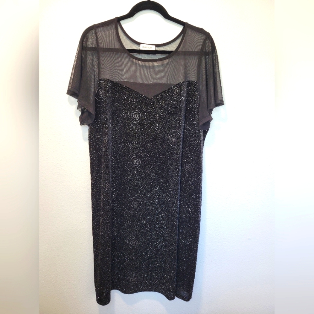 Avenue Black Rhinestones/ Sequin Sheer Neck Sleeves Dress Going‎ Out Wedding 18/
